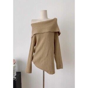 Y2K Fall Cozy Boho Grunge Party Off Shoulder Sweater Women’s Small Beige